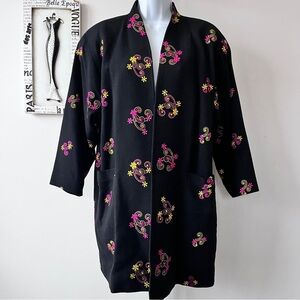 Vintage Black Japanese Haori Pink And Yellow Floral Embroidered Boho Duster